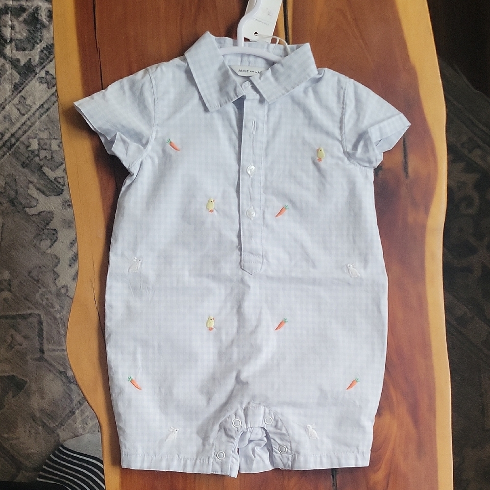 Janie and Jack Light Blue Gingham Embroidered Carrot One-Piece Bodysuit